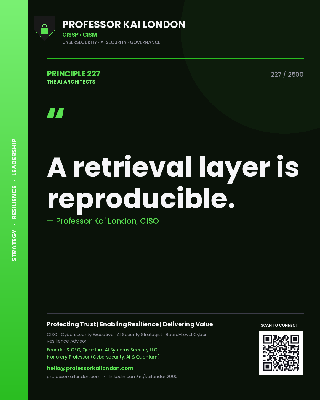 Quote card by Professor Kai London reading 'A retrieval layer is reproducible.'. From the book The AI Architects.