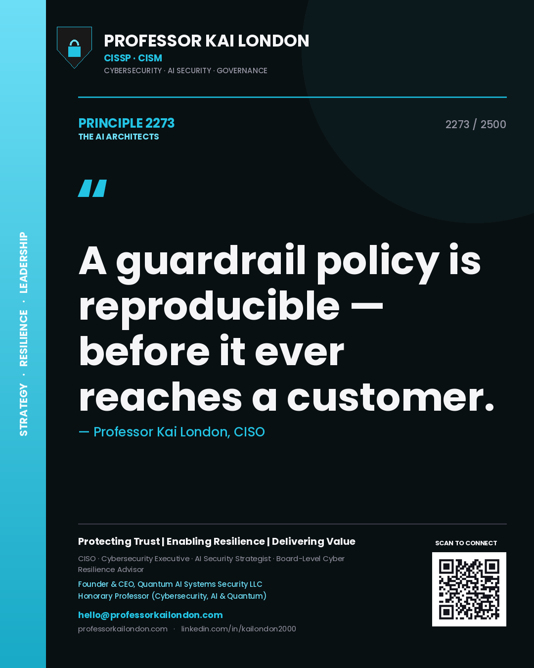 Professor Kai London principle 2273: A guardrail policy is reproducible — before it ever reaches a customer.