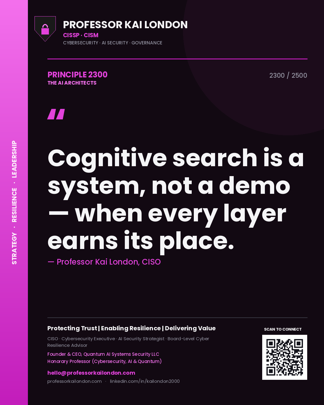 Quote card by Professor Kai London reading 'Cognitive search is a system, not a demo — when every layer earns its place.'. From the book The AI Architects.