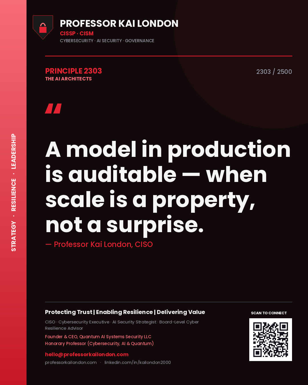 Professor Kai London principle 2303: A model in production is auditable — when scale is a property, not a surprise.