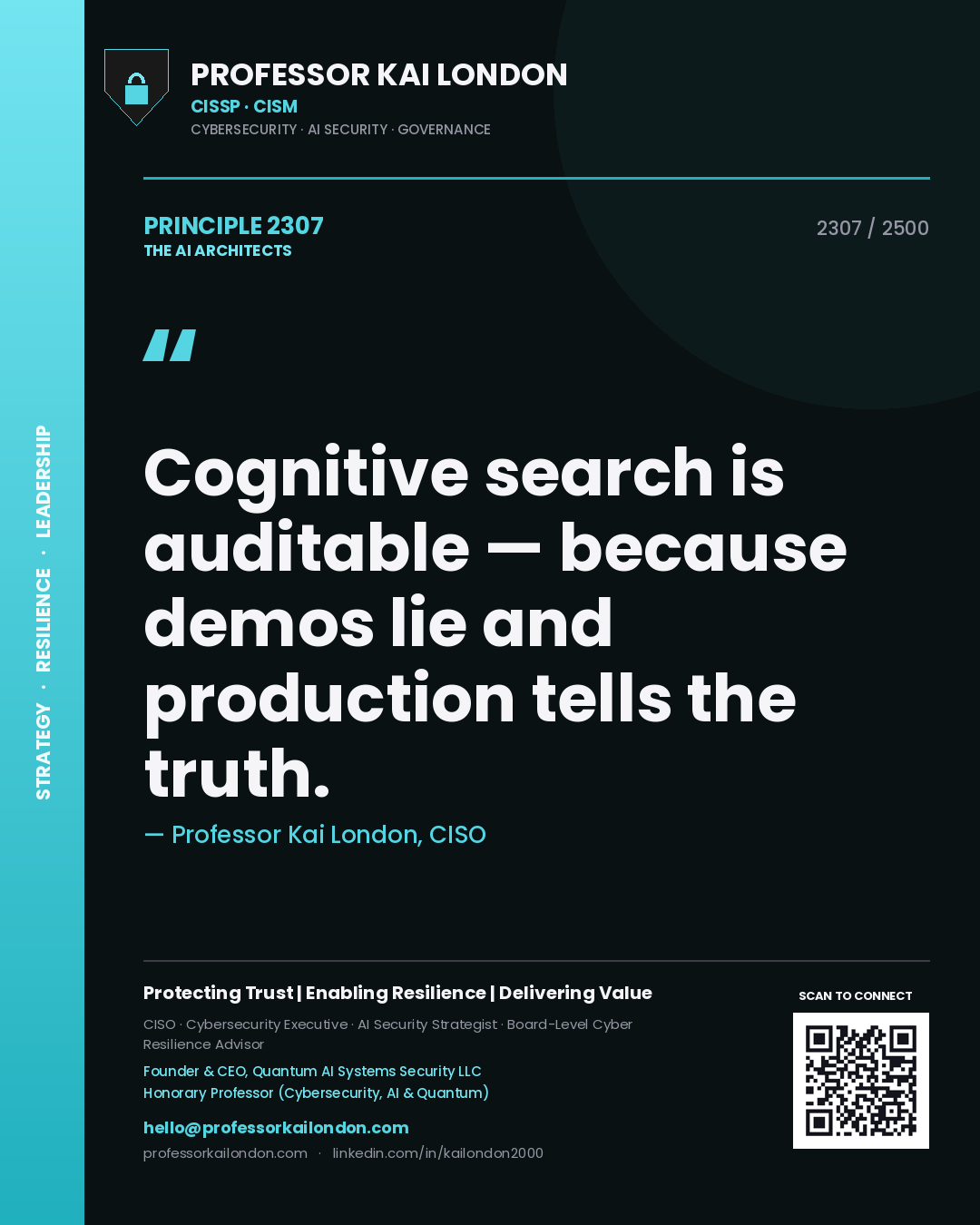 Quote card by Professor Kai London reading 'Cognitive search is auditable — because demos lie and production tells the truth.'. From the book The AI Architects.