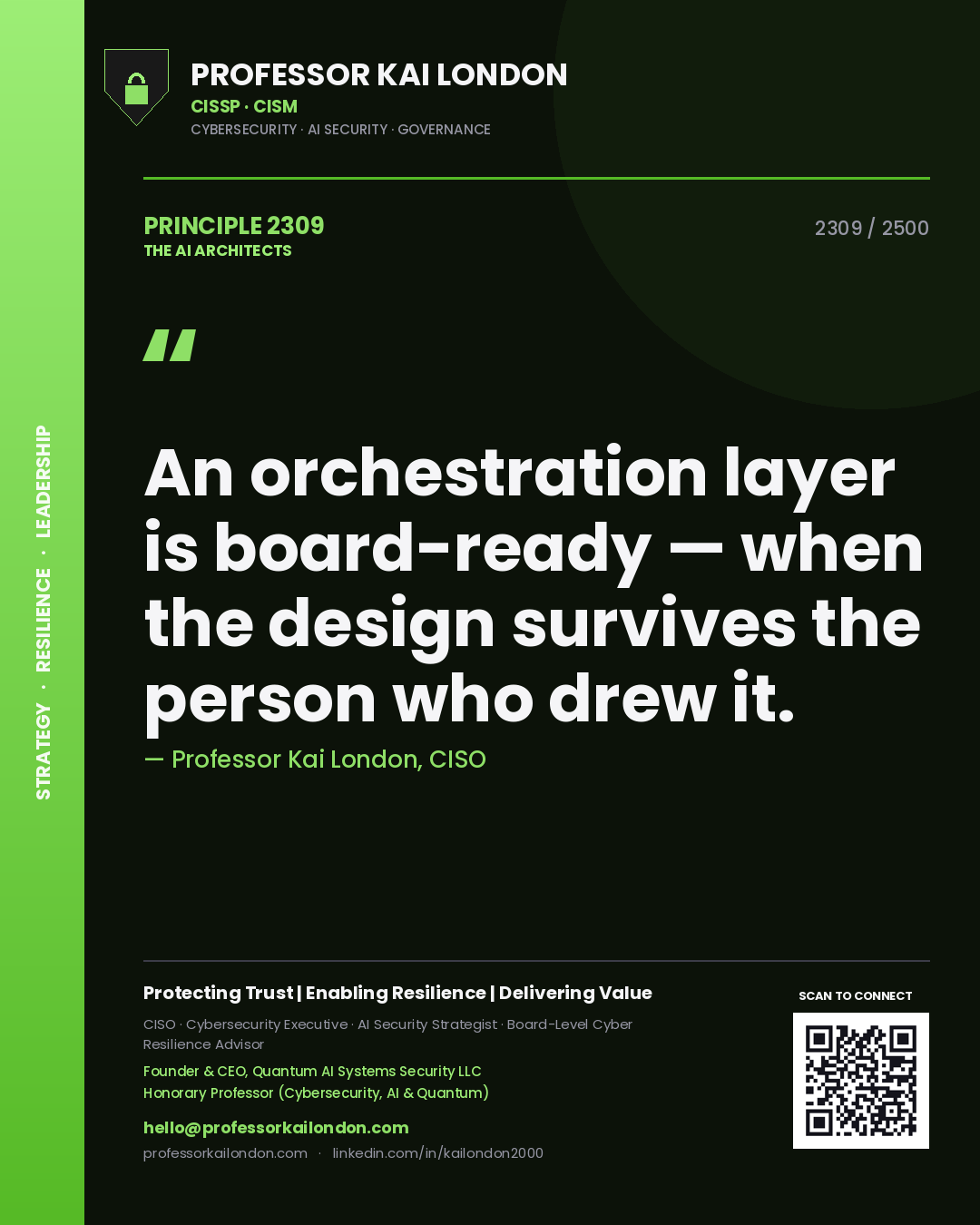 Quote card by Professor Kai London reading 'An orchestration layer is board-ready — when the design survives the person who drew it.'. From the book The AI Architects.