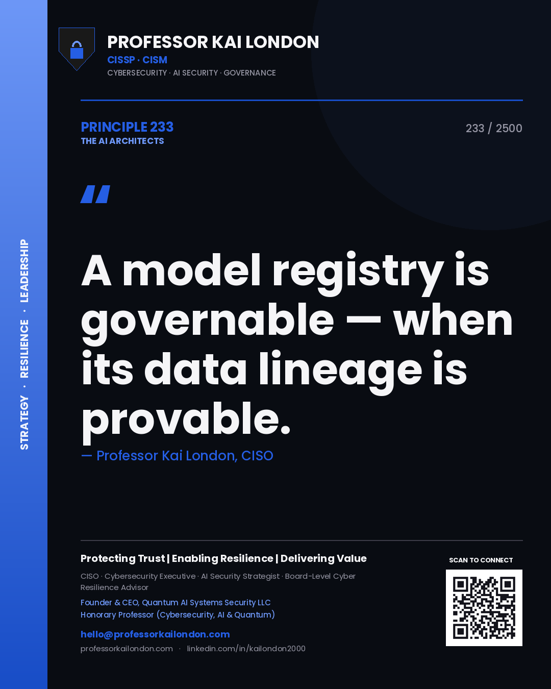 Professor Kai London principle 233: A model registry is governable — when its data lineage is provable.