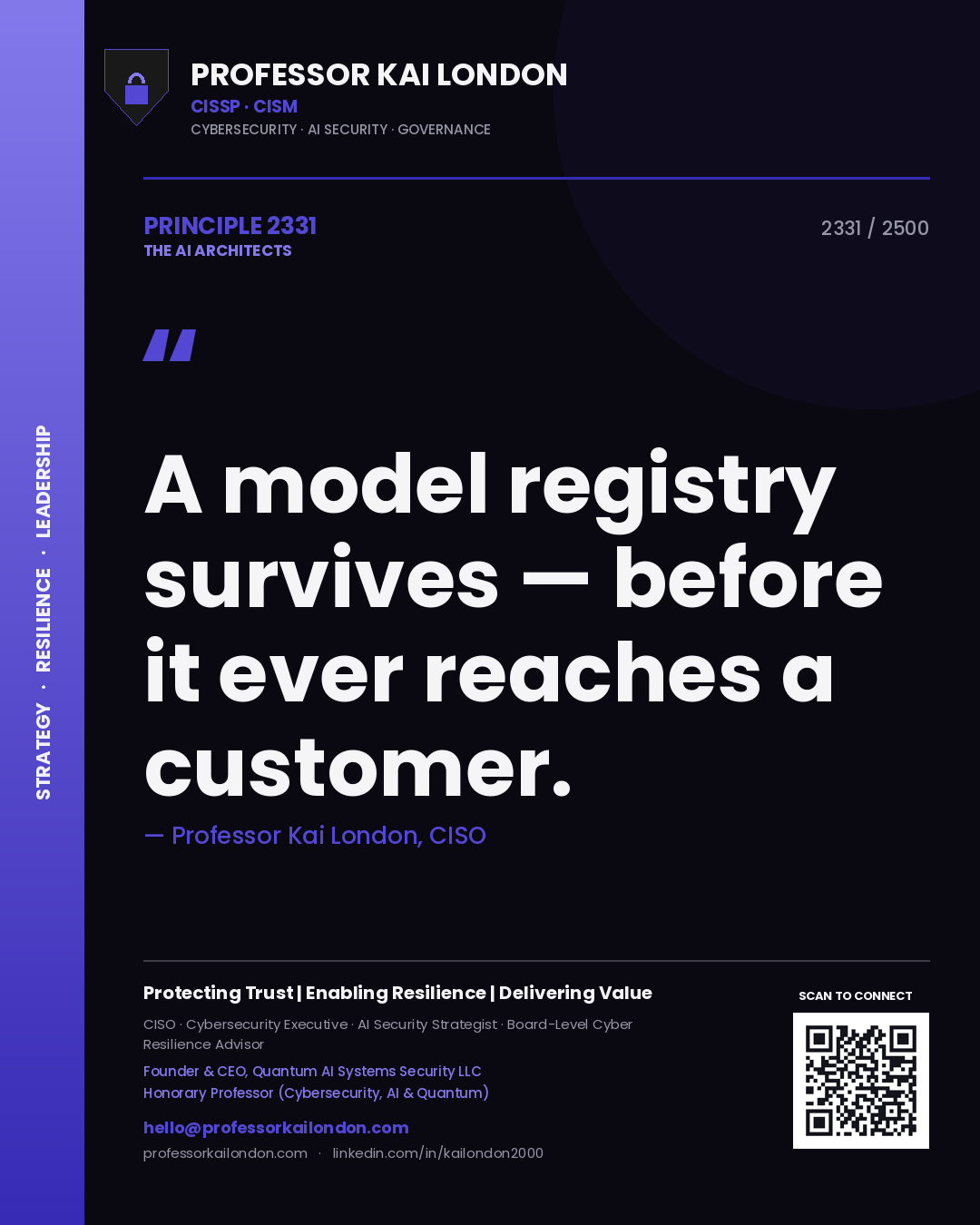 Quote card by Professor Kai London reading 'A model registry survives — before it ever reaches a customer.'. From the book The AI Architects.