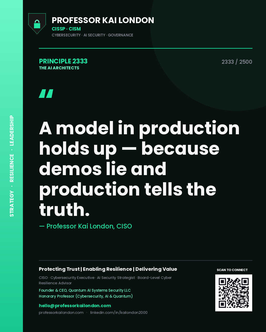 Quote card by Professor Kai London reading 'A model in production holds up — because demos lie and production tells the truth.'. From the book The AI Architects.