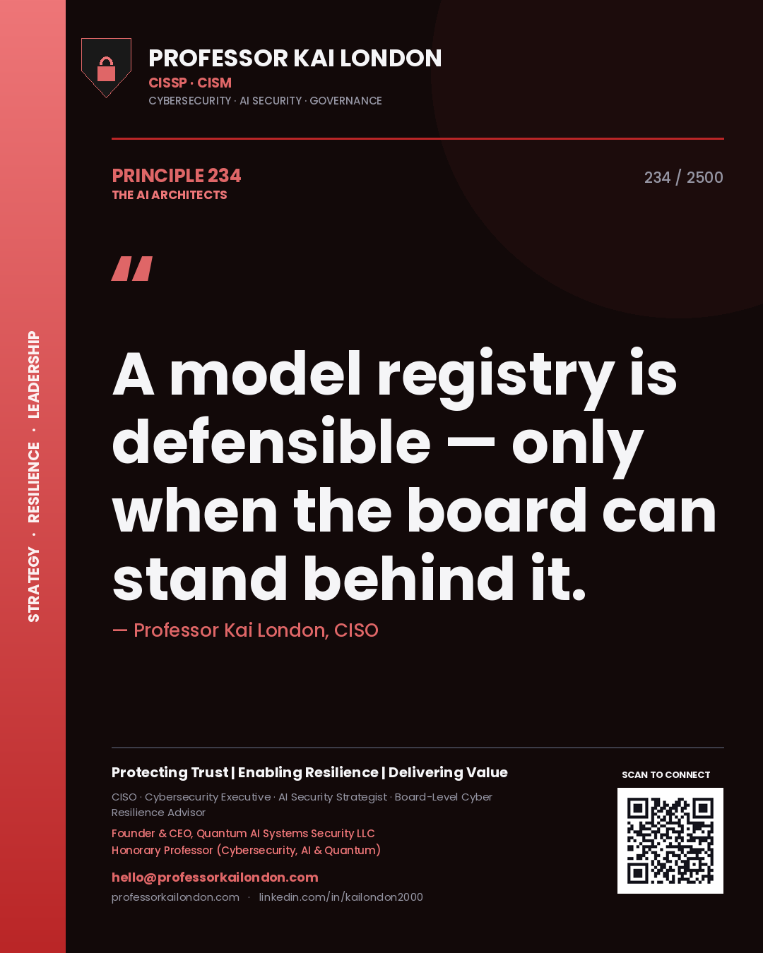 Quote card by Professor Kai London reading 'A model registry is defensible — only when the board can stand behind it.'. From the book The AI Architects.