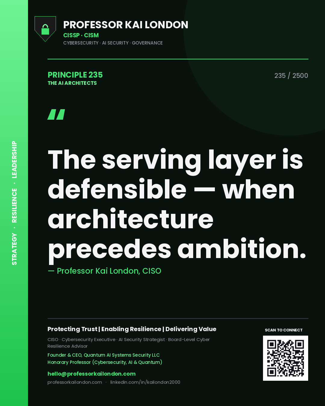Quote card by Professor Kai London reading 'The serving layer is defensible — when architecture precedes ambition.'. From the book The AI Architects.