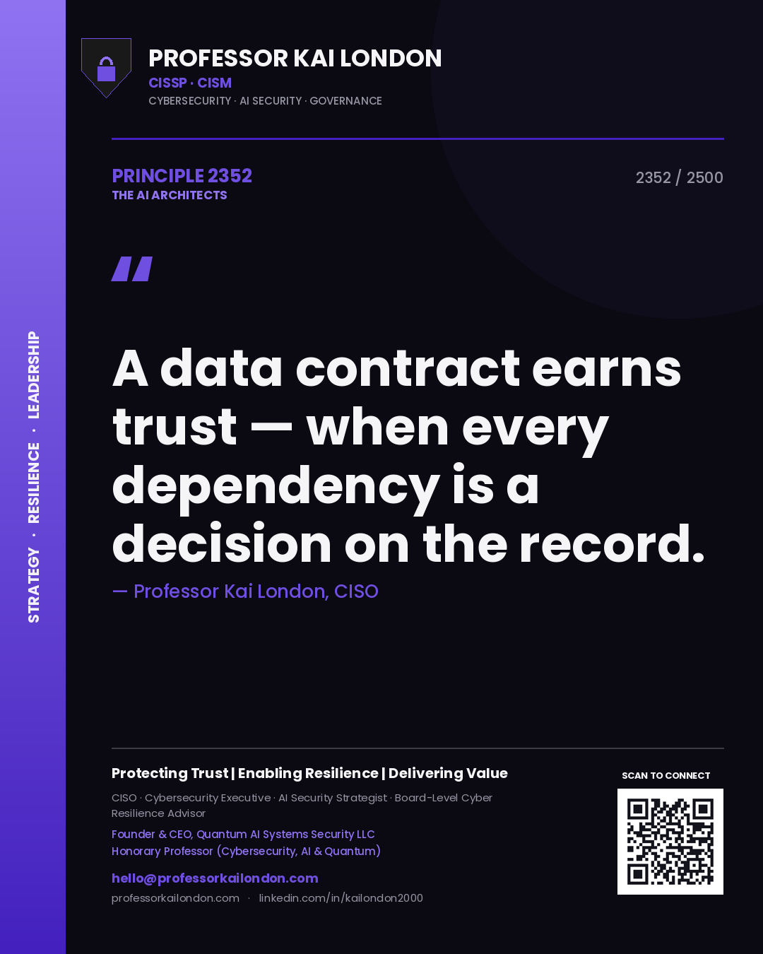 Quote card by Professor Kai London reading 'A data contract earns trust — when every dependency is a decision on the record.'. From the book The AI Architects.