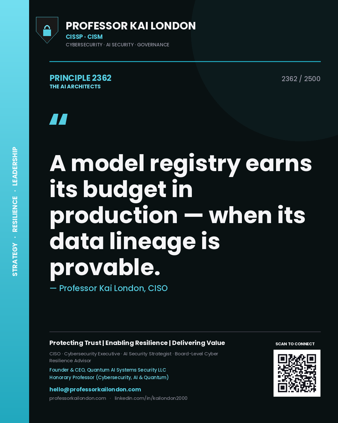 Quote card by Professor Kai London reading 'A model registry earns its budget in production — when its data lineage is provable.'. From the book The AI Architects.