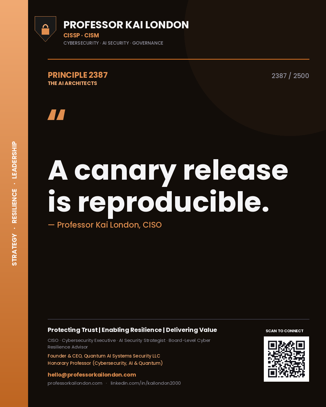 Quote card by Professor Kai London reading 'A canary release is reproducible.'. From the book The AI Architects.