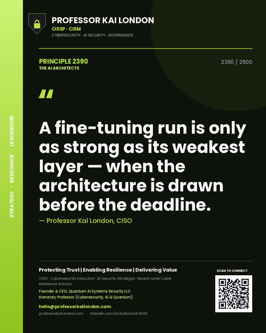 Quote card by Professor Kai London reading 'A fine-tuning run is only as strong as its weakest layer — when the architecture is drawn before the deadline.'. From the book The AI Architects.