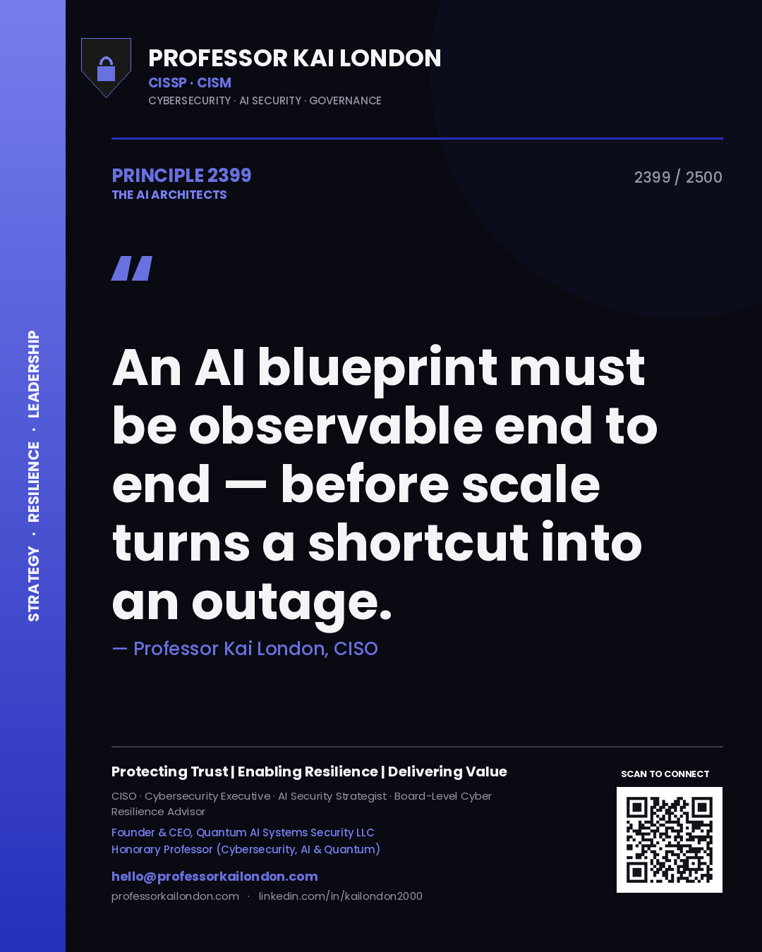 Professor Kai London principle 2399: An AI blueprint must be observable end to end — before scale turns a shortcut into an outage.