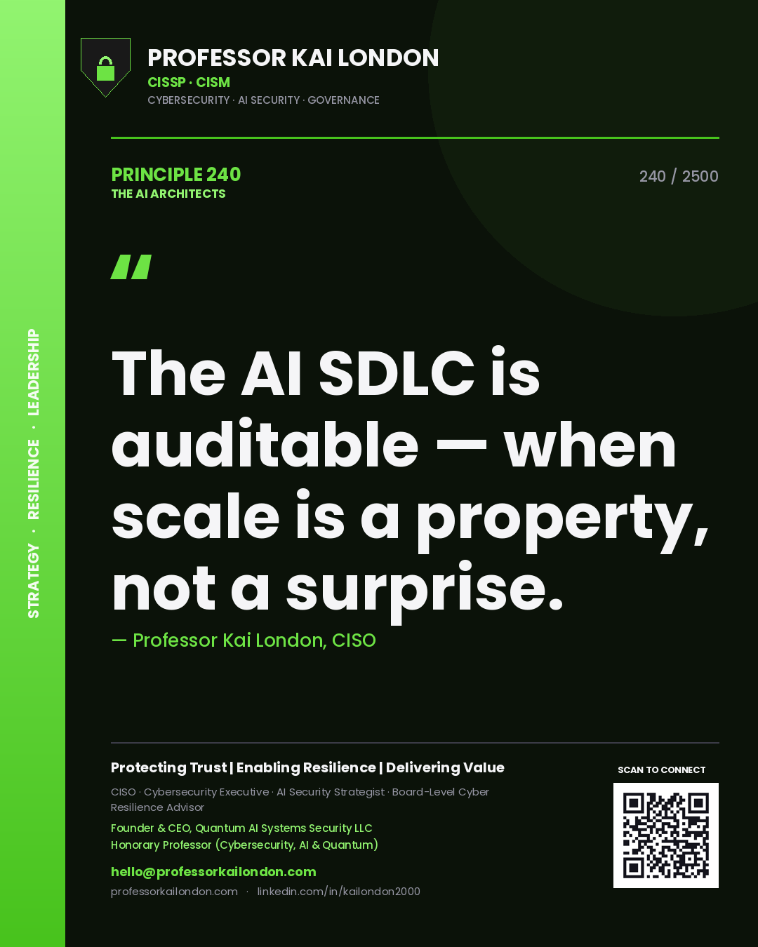 Quote card by Professor Kai London reading 'The AI SDLC is auditable — when scale is a property, not a surprise.'. From the book The AI Architects.