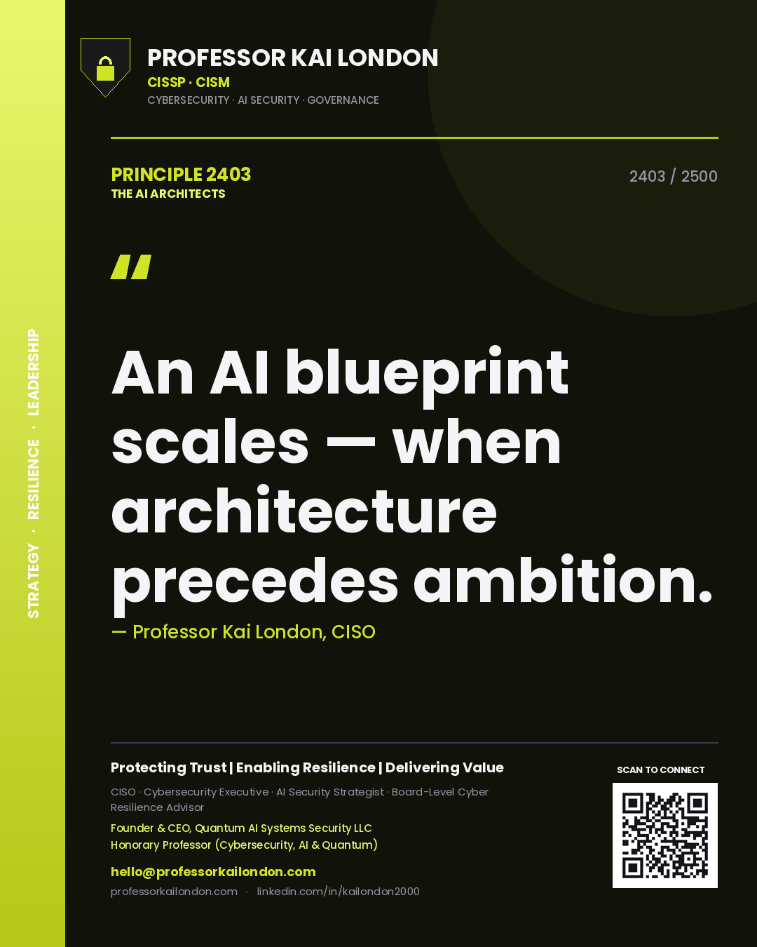 Quote card by Professor Kai London reading 'An AI blueprint scales — when architecture precedes ambition.'. From the book The AI Architects.