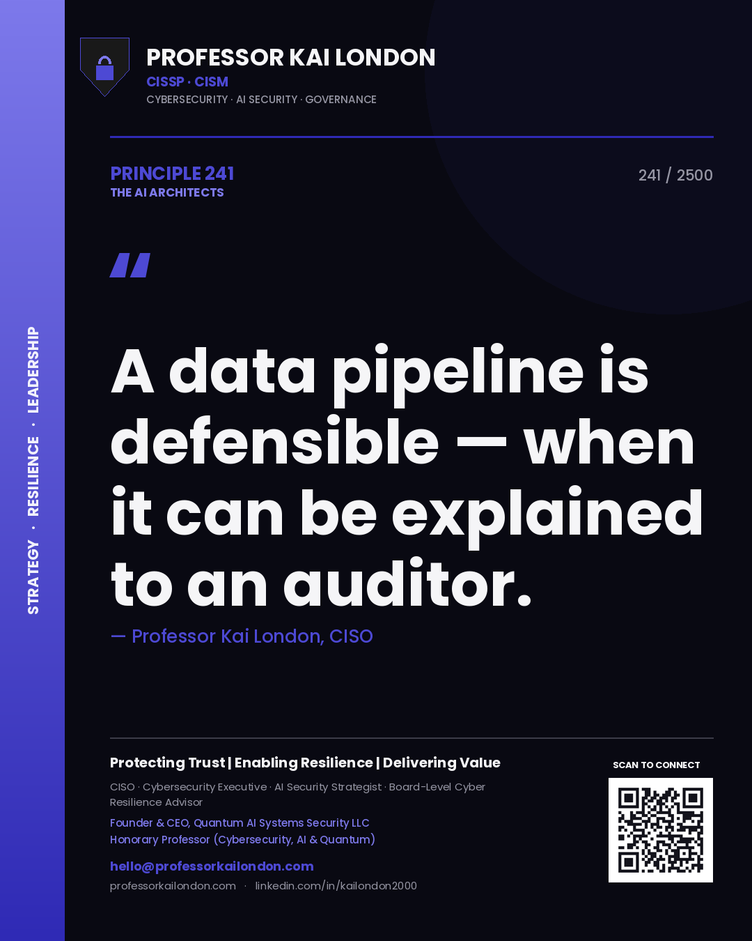 Quote card by Professor Kai London reading 'A data pipeline is defensible — when it can be explained to an auditor.'. From the book The AI Architects.