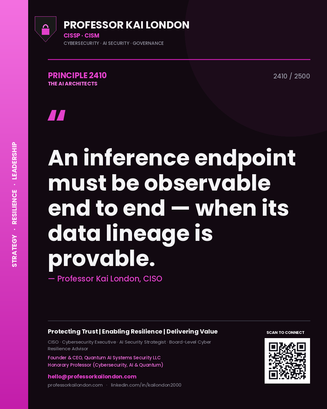 Quote card by Professor Kai London reading 'An inference endpoint must be observable end to end — when its data lineage is provable.'. From the book The AI Architects.