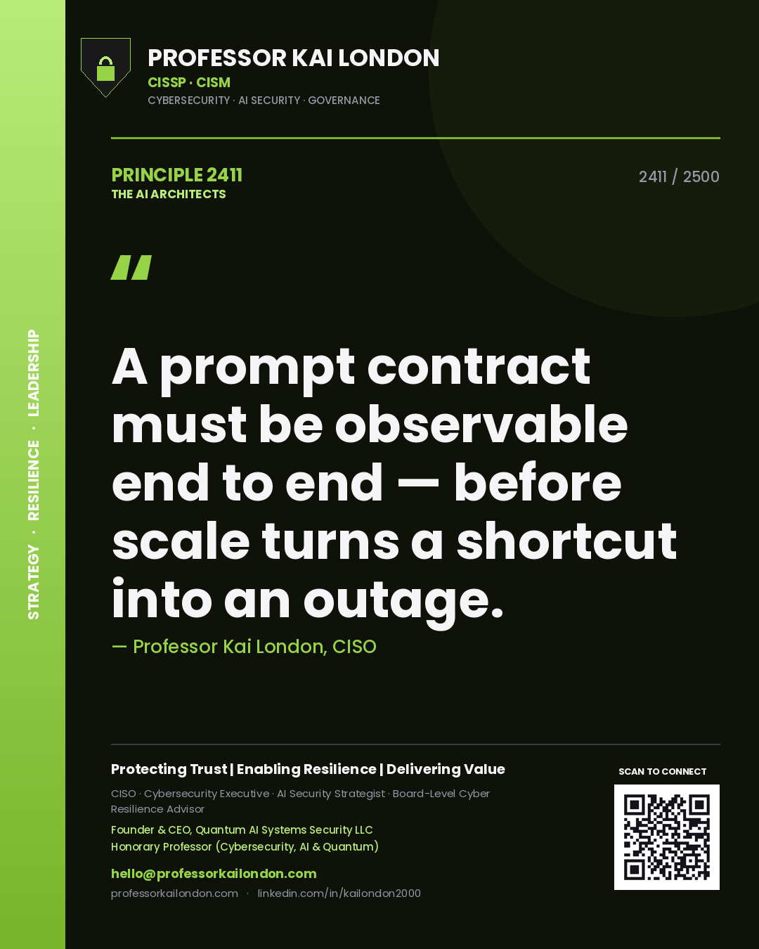 Quote card by Professor Kai London reading 'A prompt contract must be observable end to end — before scale turns a shortcut into an outage.'. From the book The AI Architects.