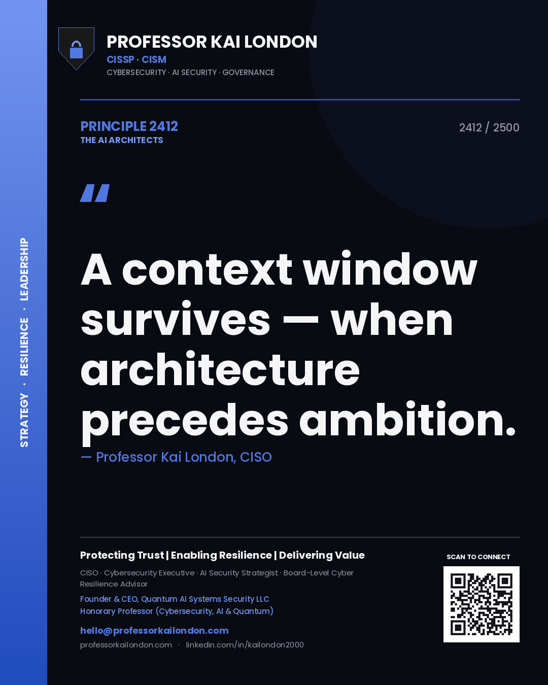 Quote card by Professor Kai London reading 'A context window survives — when architecture precedes ambition.'. From the book The AI Architects.