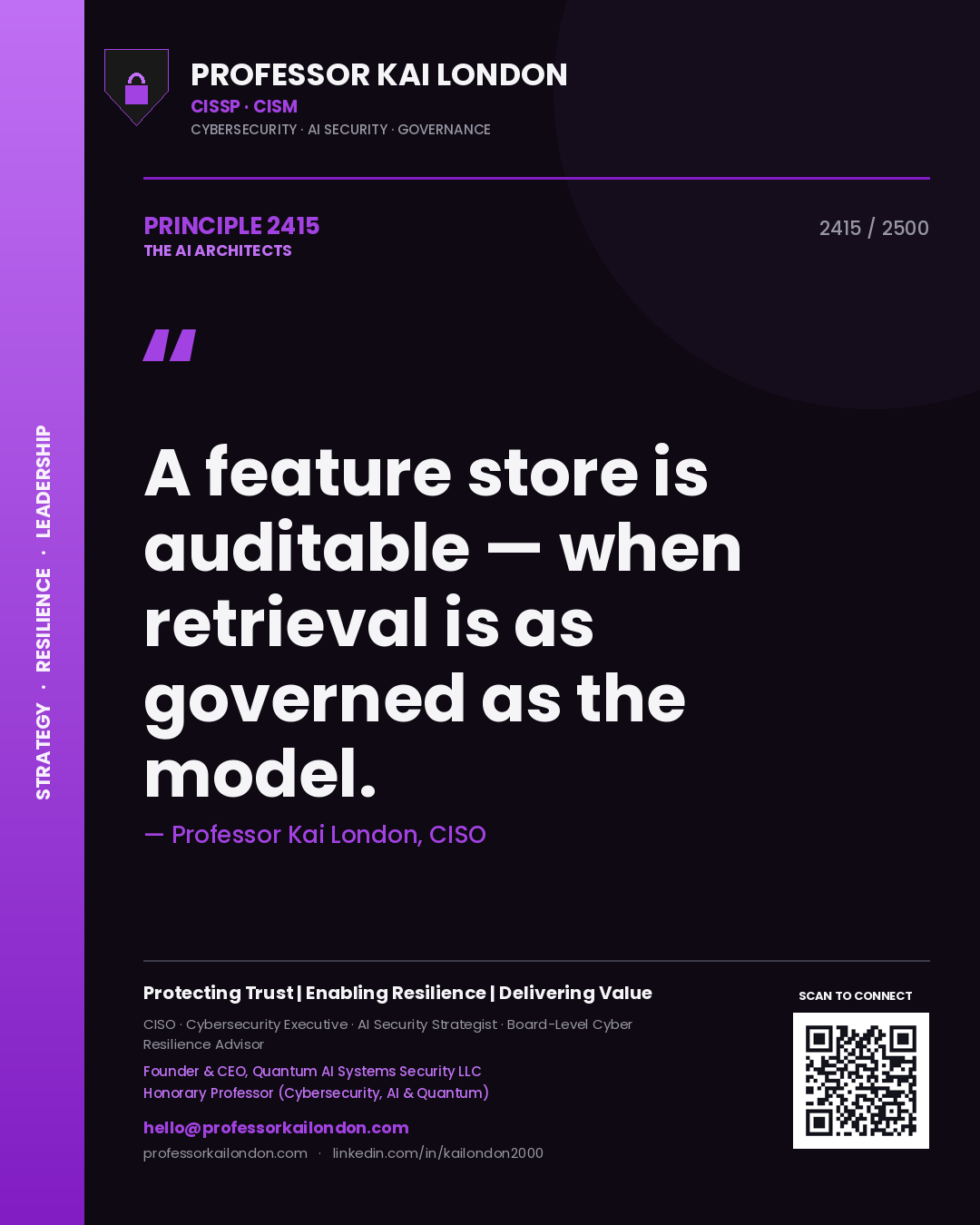 Quote card by Professor Kai London reading 'A feature store is auditable — when retrieval is as governed as the model.'. From the book The AI Architects.