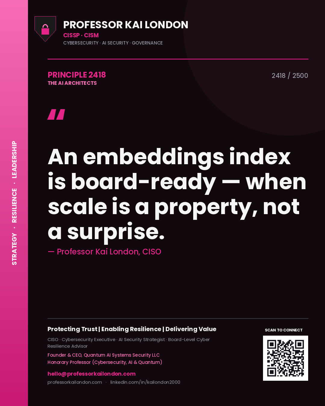 Quote card by Professor Kai London reading 'An embeddings index is board-ready — when scale is a property, not a surprise.'. From the book The AI Architects.