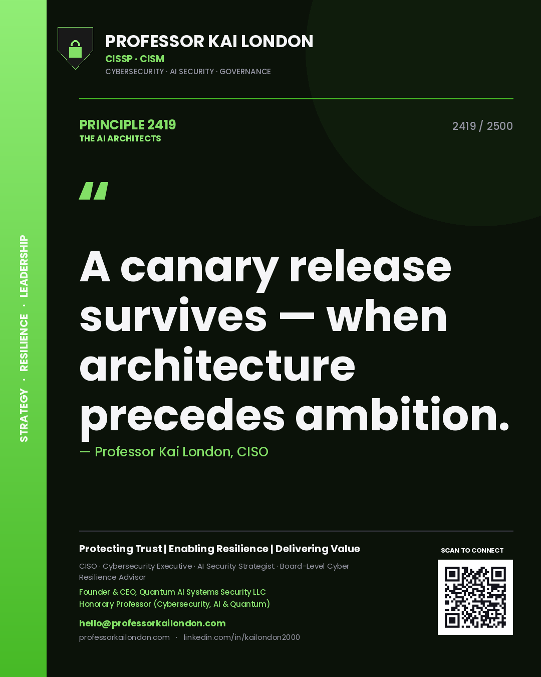 Quote card by Professor Kai London reading 'A canary release survives — when architecture precedes ambition.'. From the book The AI Architects.