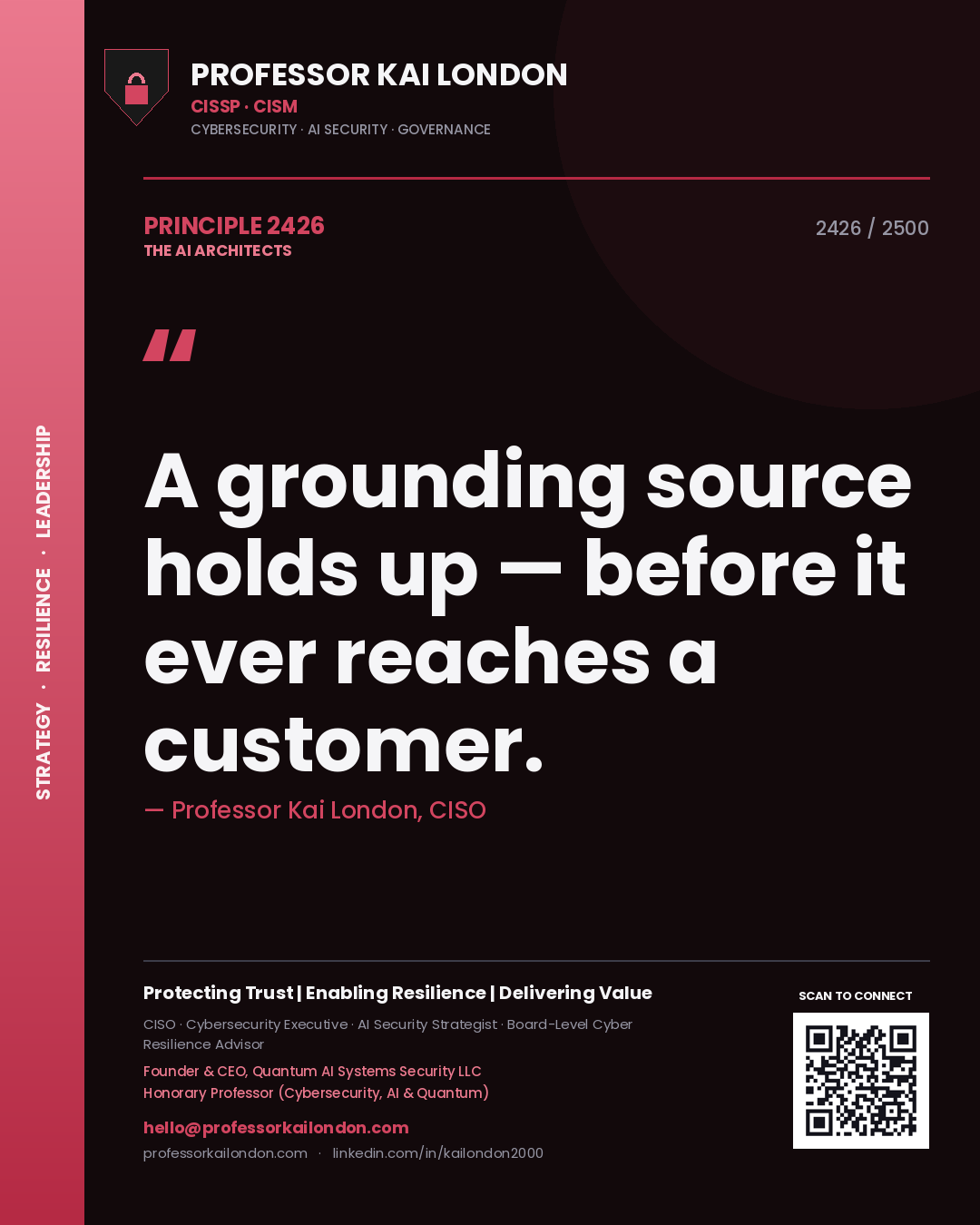 Quote card by Professor Kai London reading 'A grounding source holds up — before it ever reaches a customer.'. From the book The AI Architects.