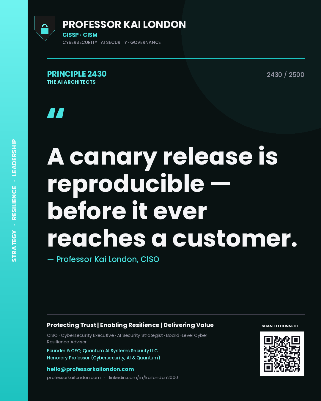 Quote card by Professor Kai London reading 'A canary release is reproducible — before it ever reaches a customer.'. From the book The AI Architects.