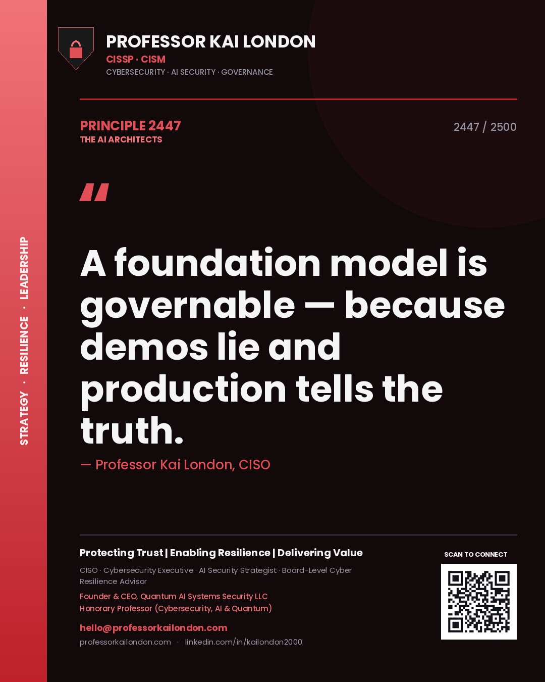 Quote card by Professor Kai London reading 'A foundation model is governable — because demos lie and production tells the truth.'. From the book The AI Architects.