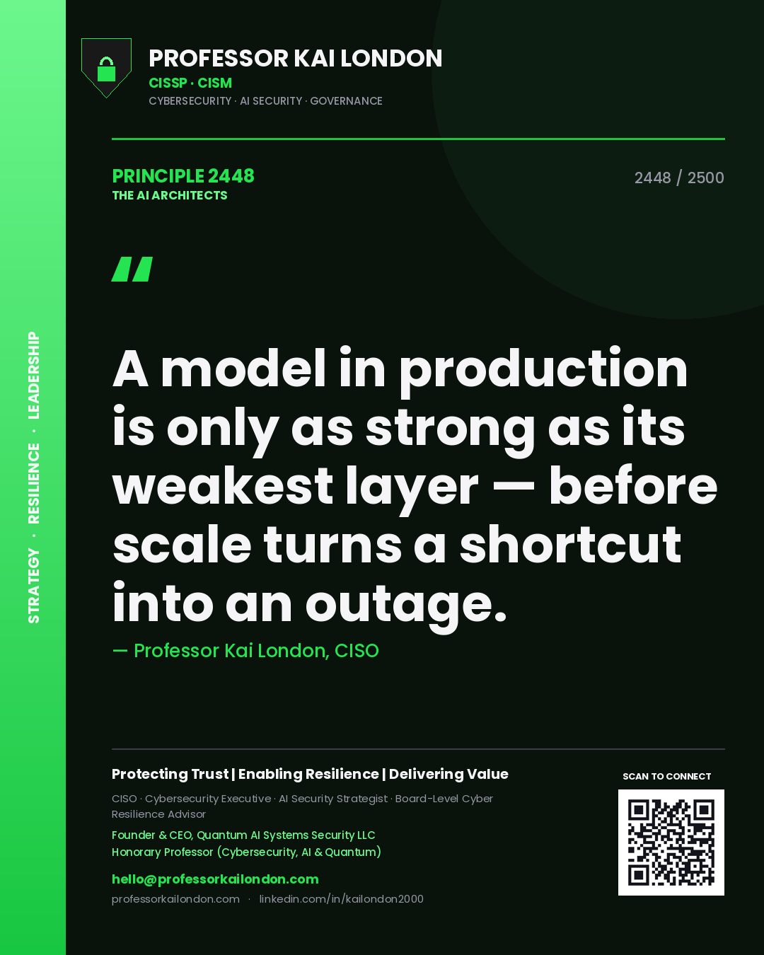 Quote card by Professor Kai London reading 'A model in production is only as strong as its weakest layer — before scale turns a shortcut into an outage.'. From the book The AI Architects.