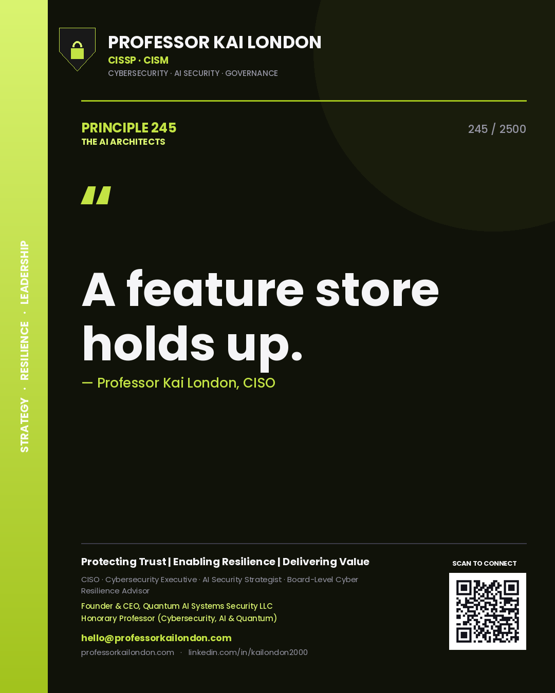 Quote card by Professor Kai London reading 'A feature store holds up.'. From the book The AI Architects.