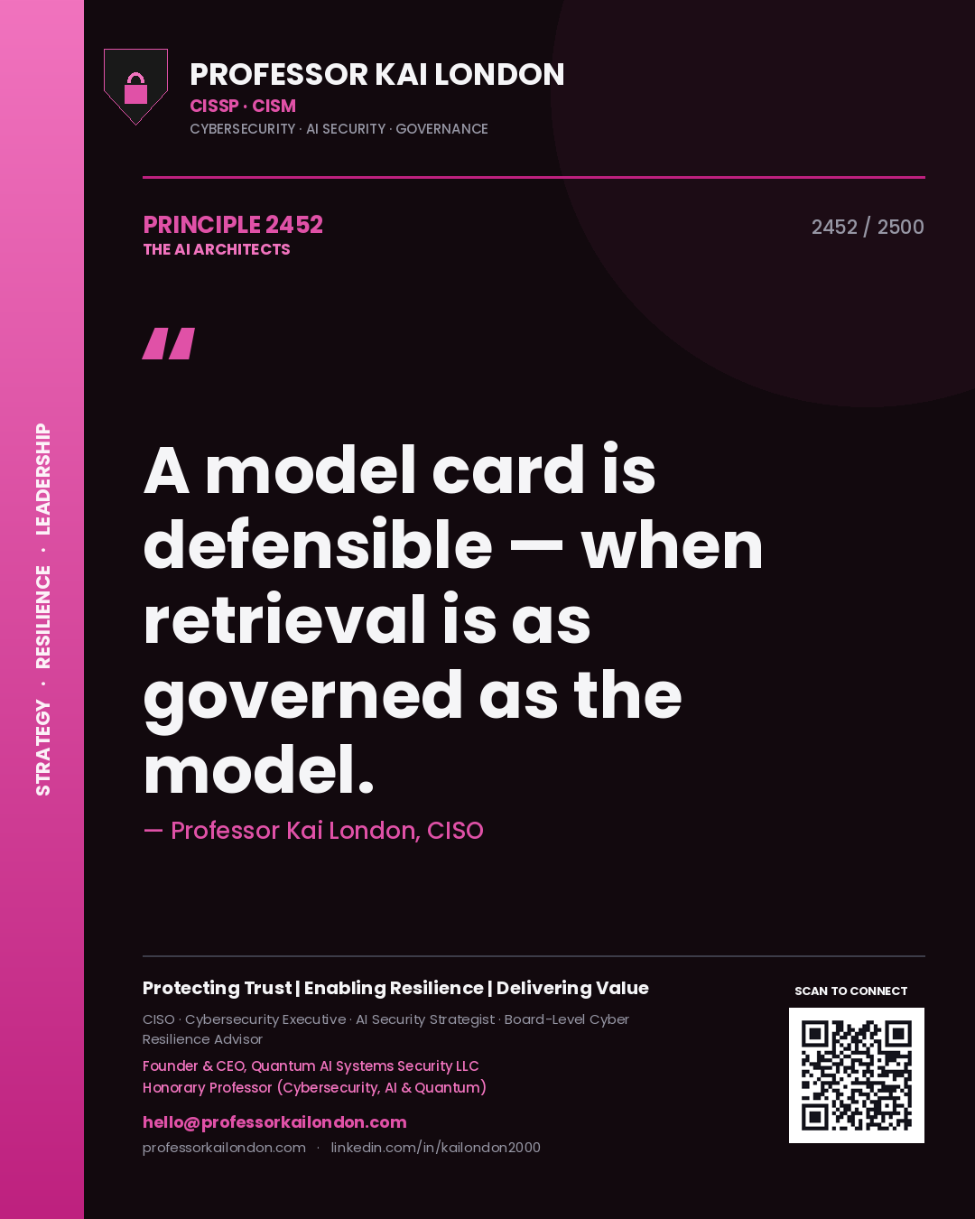 Professor Kai London principle 2452: A model card is defensible — when retrieval is as governed as the model.