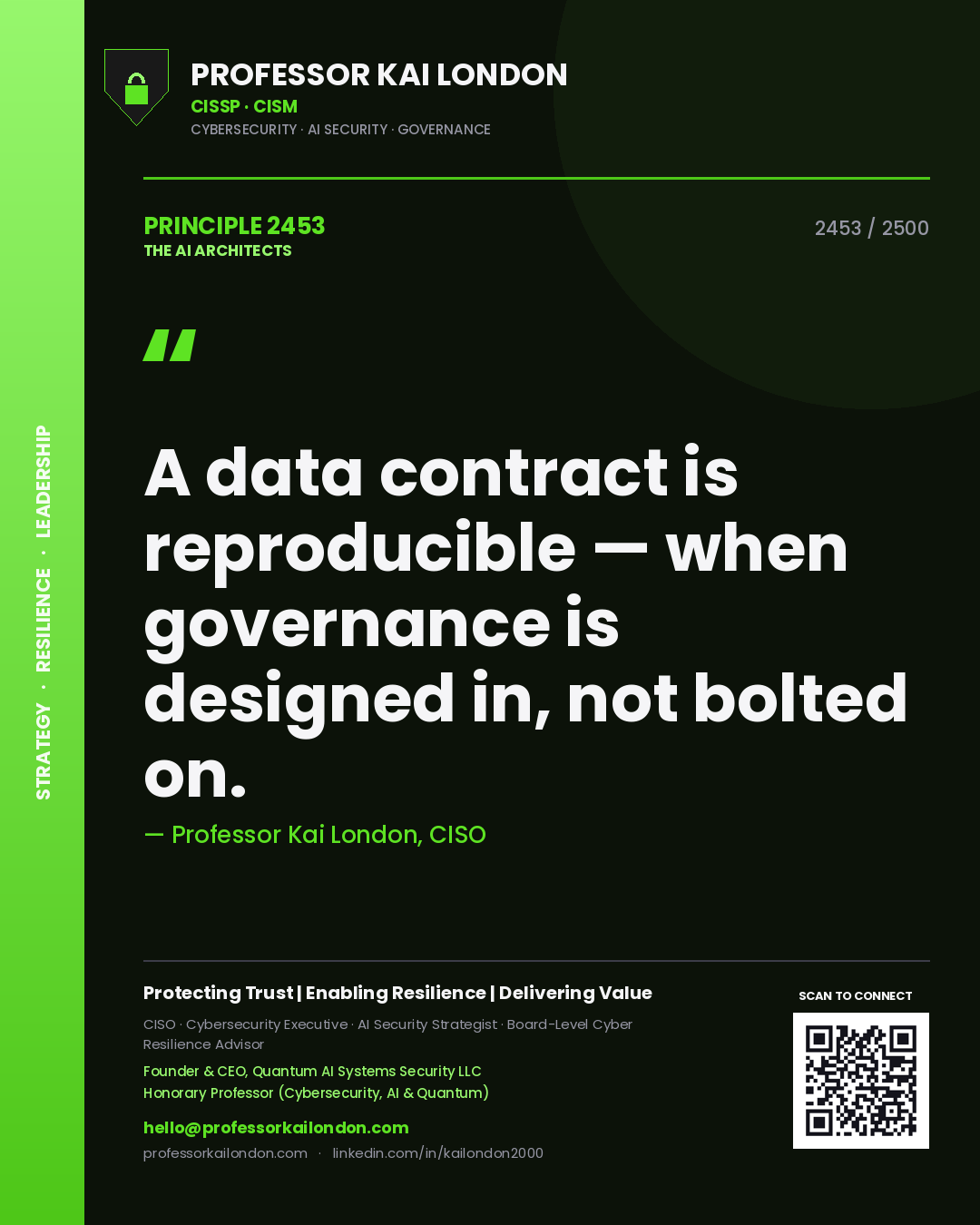 Professor Kai London principle 2453: A data contract is reproducible — when governance is designed in, not bolted on.