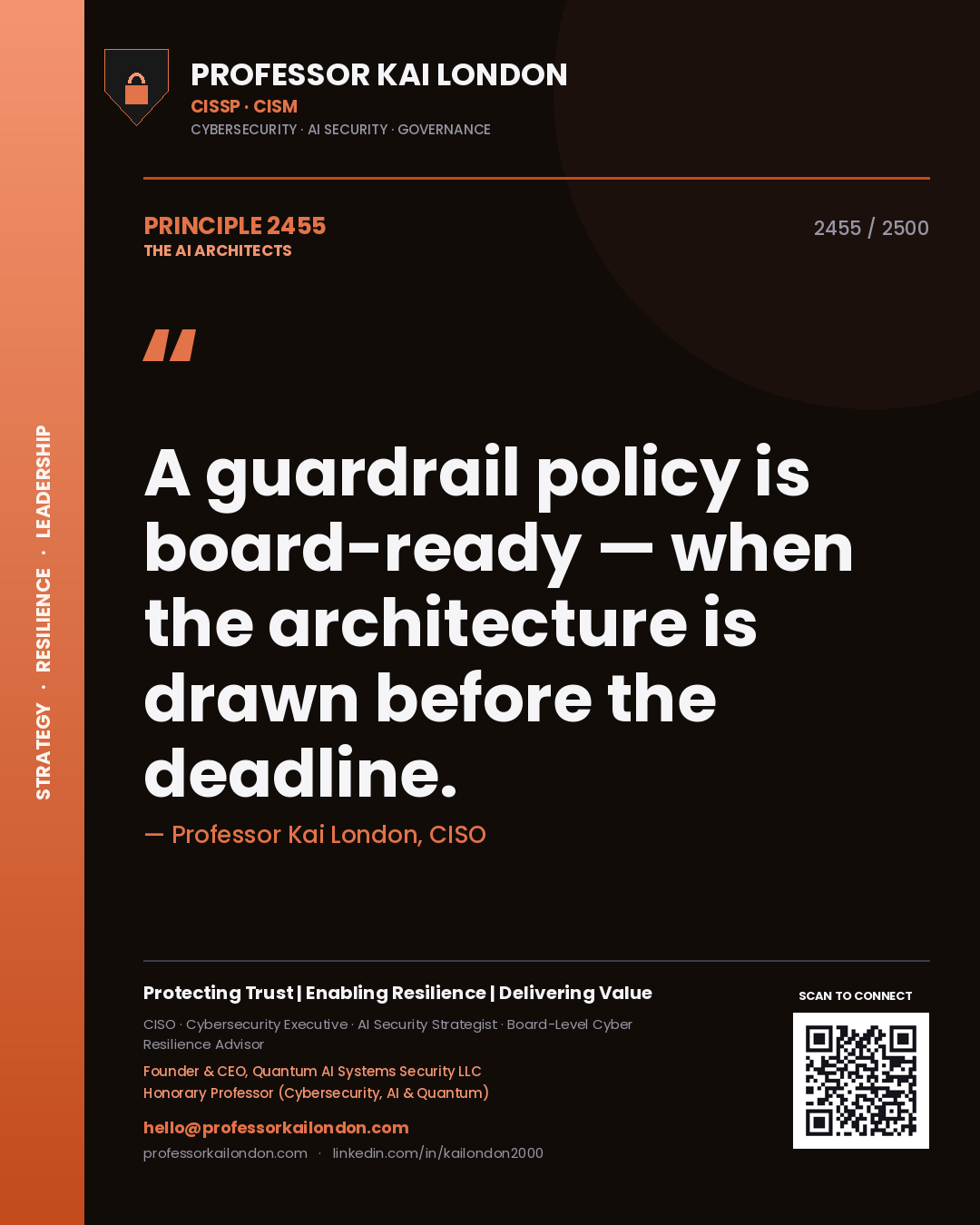 Quote card by Professor Kai London reading 'A guardrail policy is board-ready — when the architecture is drawn before the deadline.'. From the book The AI Architects.