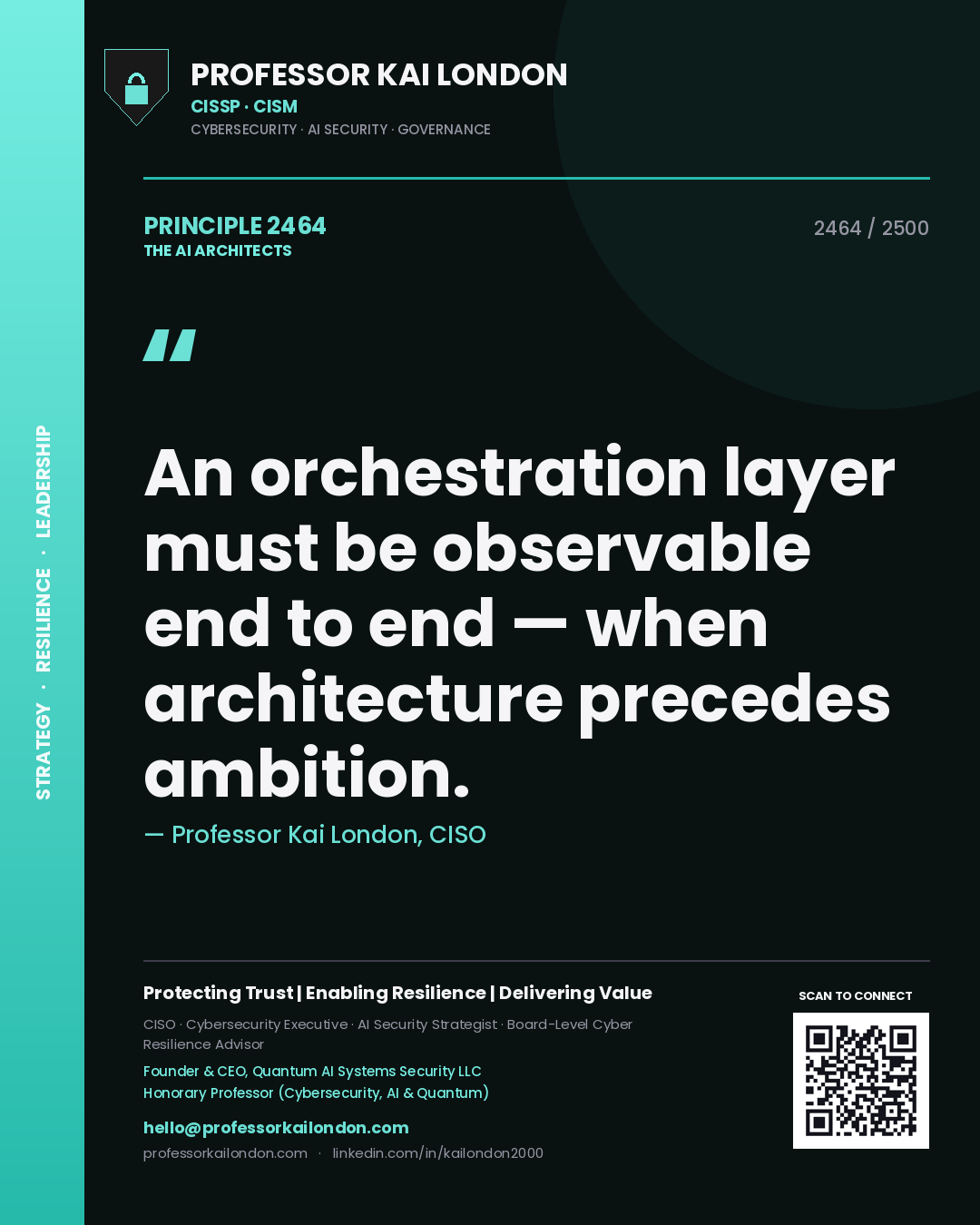 Quote card by Professor Kai London reading 'An orchestration layer must be observable end to end — when architecture precedes ambition.'. From the book The AI Architects.
