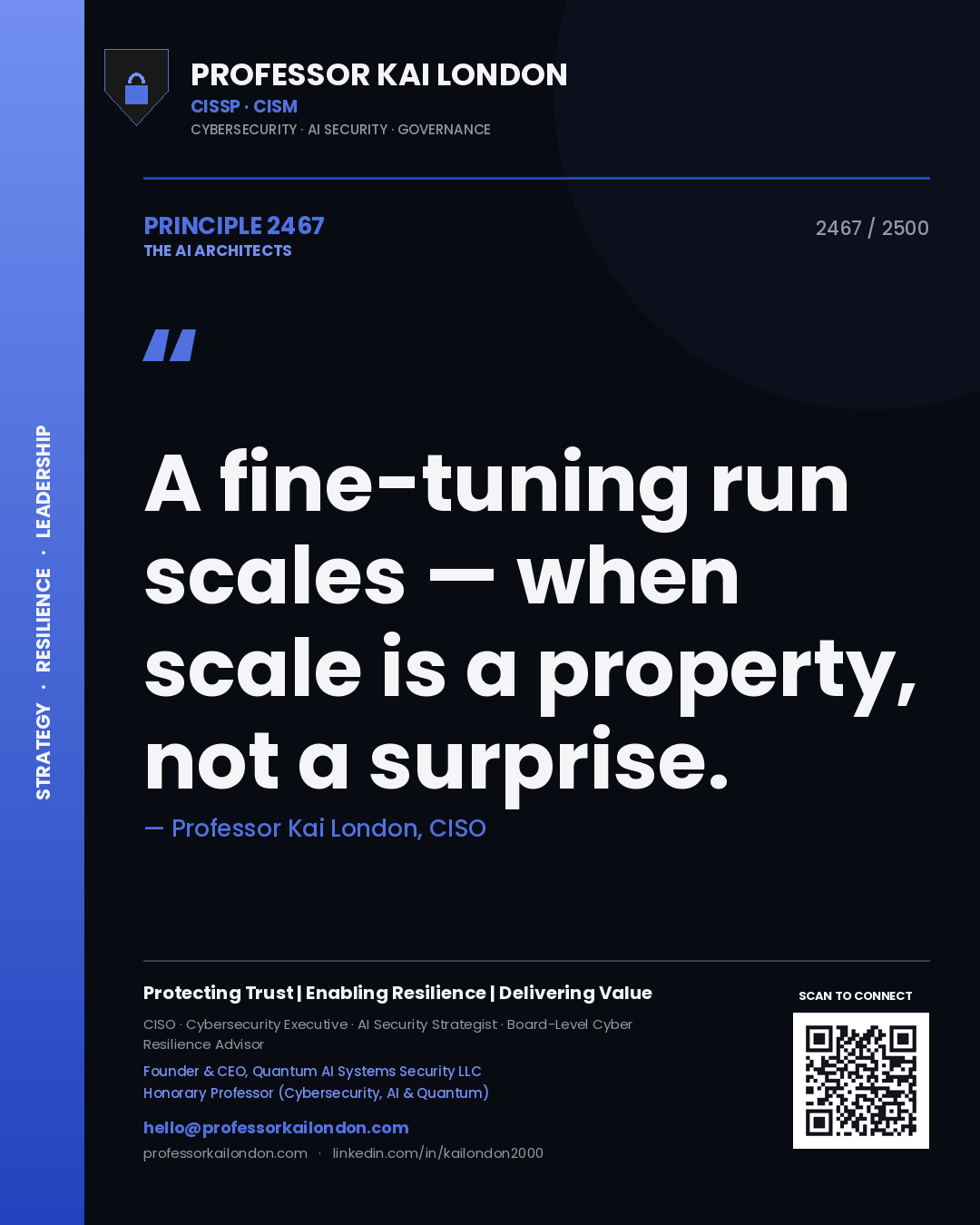 Quote card by Professor Kai London reading 'A fine-tuning run scales — when scale is a property, not a surprise.'. From the book The AI Architects.
