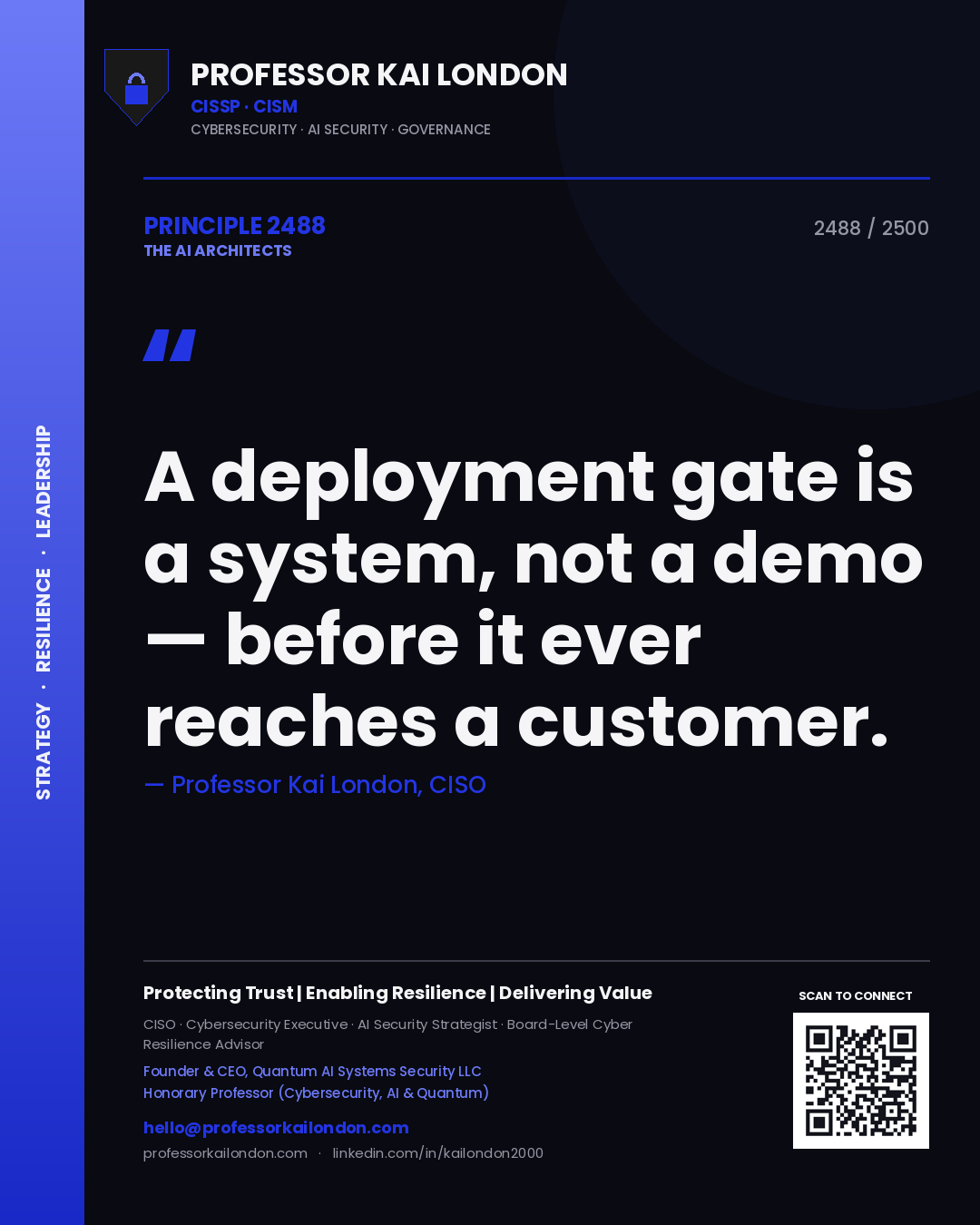 Quote card by Professor Kai London reading 'A deployment gate is a system, not a demo — before it ever reaches a customer.'. From the book The AI Architects.