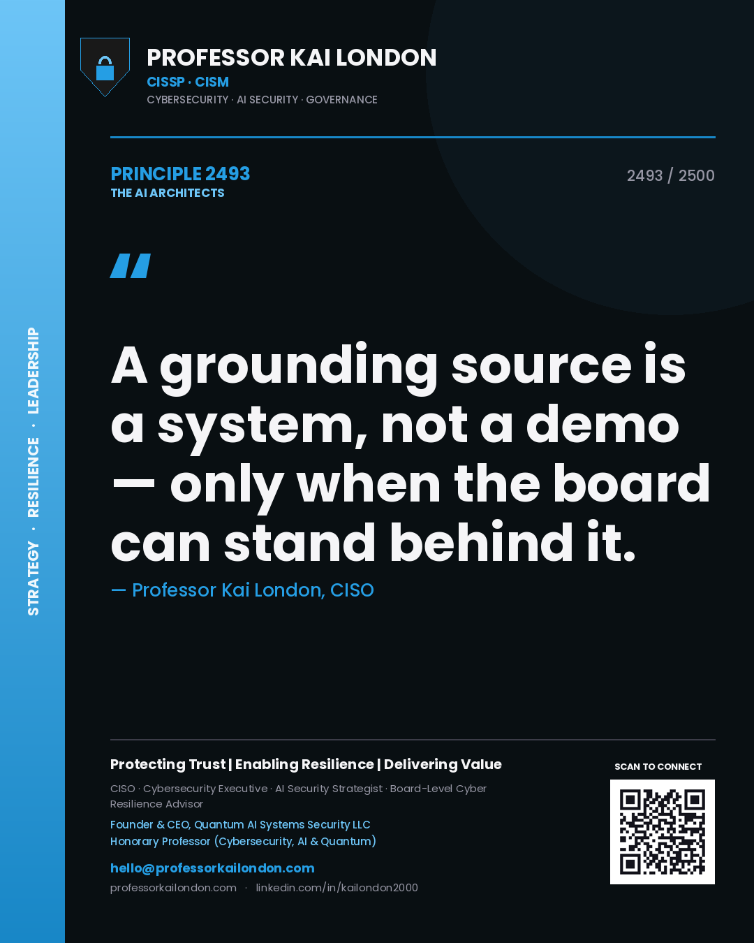 Quote card by Professor Kai London reading 'A grounding source is a system, not a demo — only when the board can stand behind it.'. From the book The AI Architects.