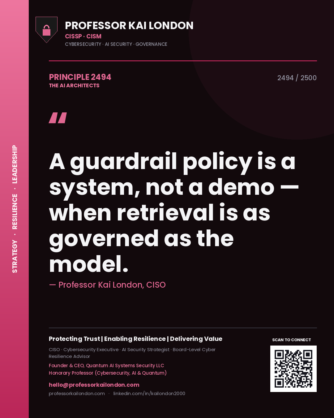Quote card by Professor Kai London reading 'A guardrail policy is a system, not a demo — when retrieval is as governed as the model.'. From the book The AI Architects.