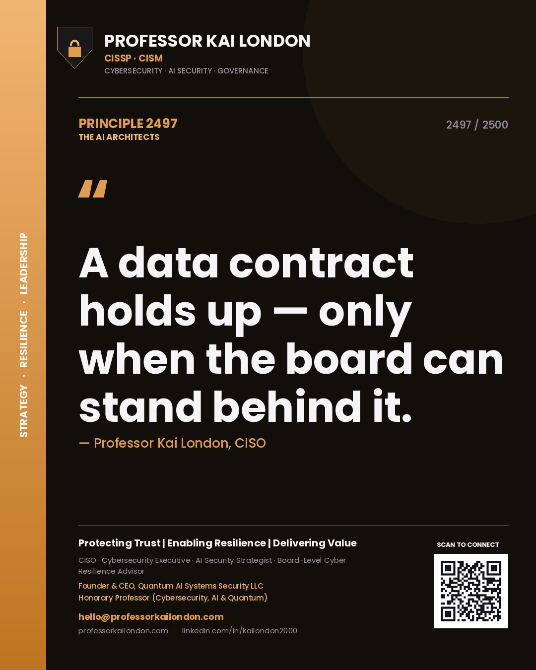 Quote card by Professor Kai London reading 'A data contract holds up — only when the board can stand behind it.'. From the book The AI Architects.