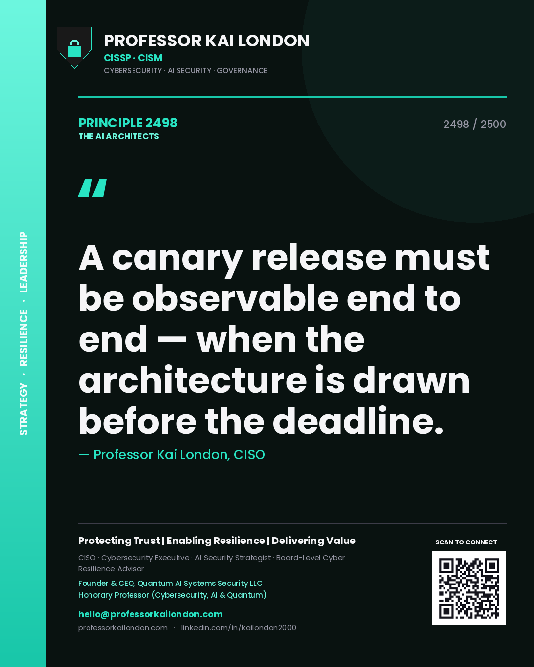 Quote card by Professor Kai London reading 'A canary release must be observable end to end — when the architecture is drawn before the deadline.'. From the book The AI Architects.