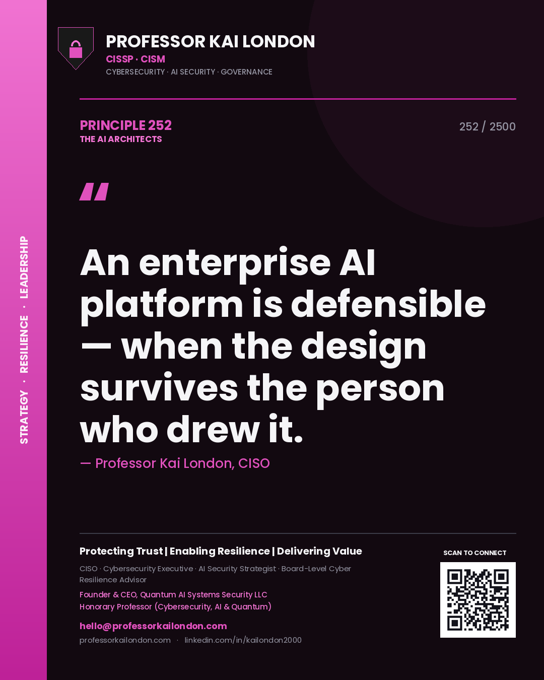 Quote card by Professor Kai London reading 'An enterprise AI platform is defensible — when the design survives the person who drew it.'. From the book The AI Architects.