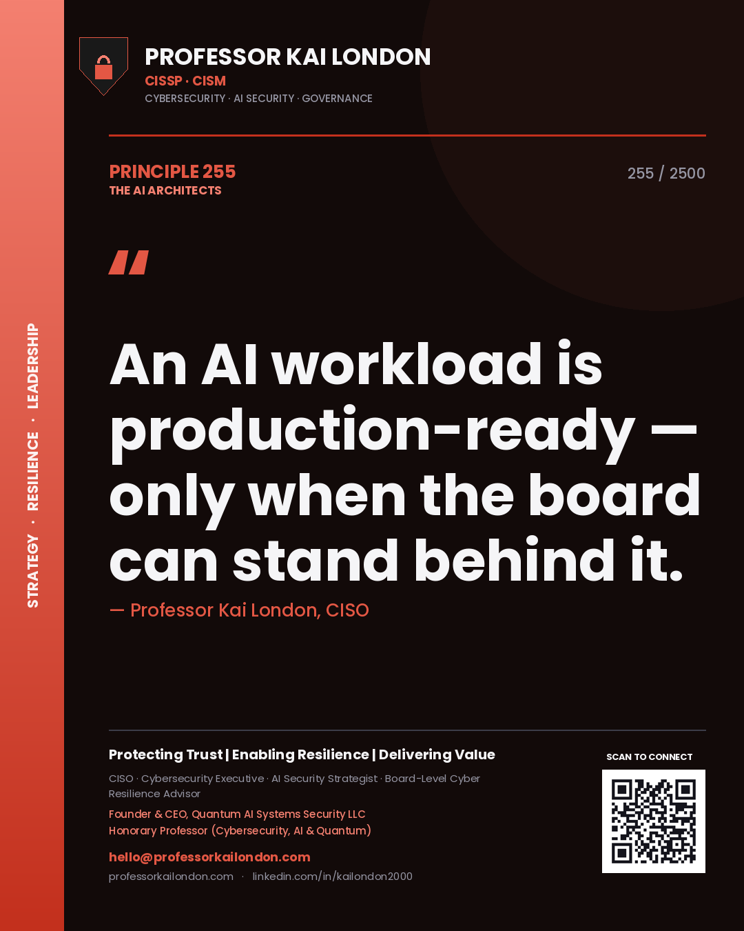 Quote card by Professor Kai London reading 'An AI workload is production-ready — only when the board can stand behind it.'. From the book The AI Architects.