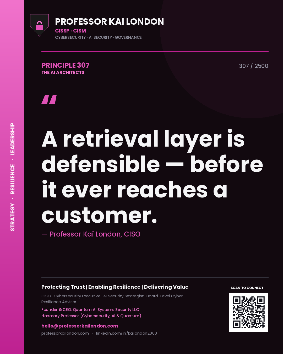Quote card by Professor Kai London reading 'A retrieval layer is defensible — before it ever reaches a customer.'. From the book The AI Architects.