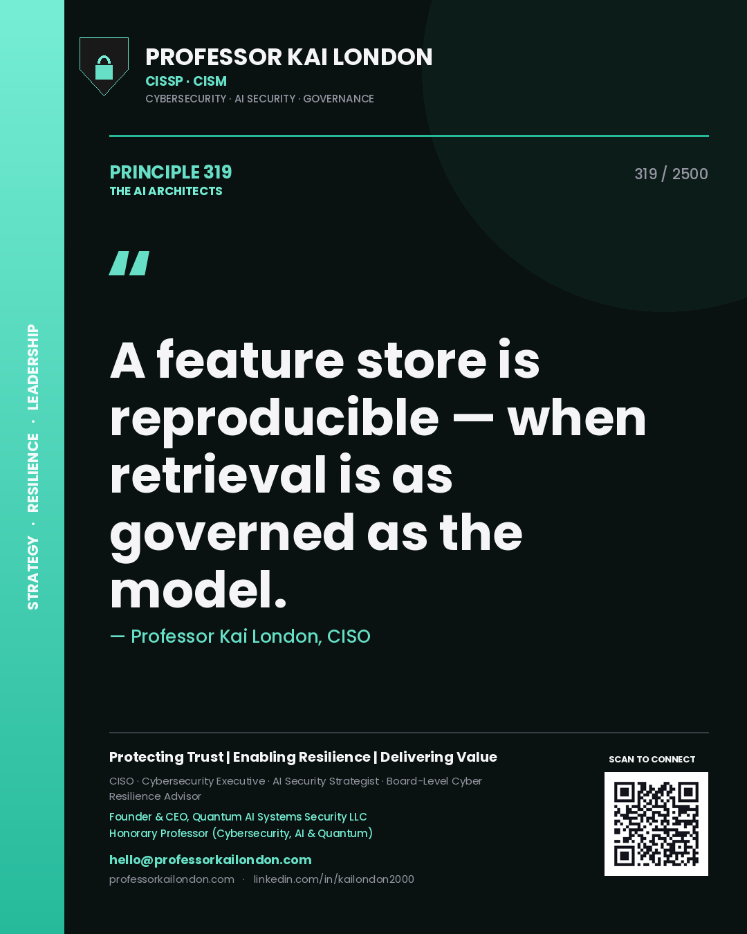 Quote card by Professor Kai London reading 'A feature store is reproducible — when retrieval is as governed as the model.'. From the book The AI Architects.