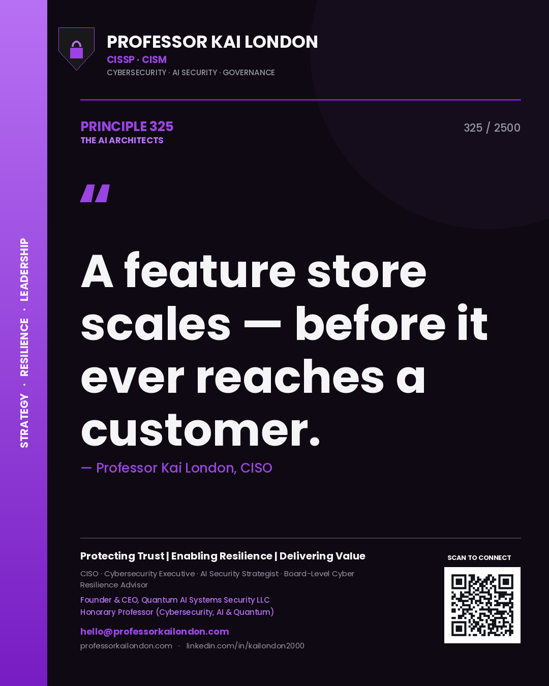 Professor Kai London principle 325: A feature store scales — before it ever reaches a customer.