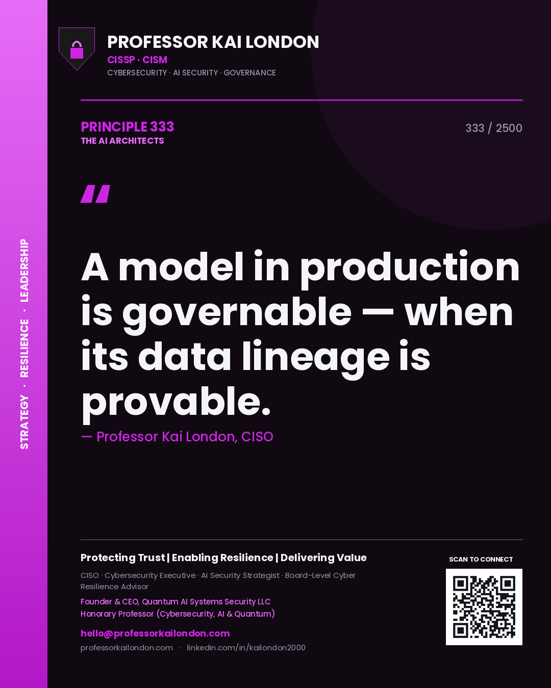 Professor Kai London principle 333: A model in production is governable — when its data lineage is provable.