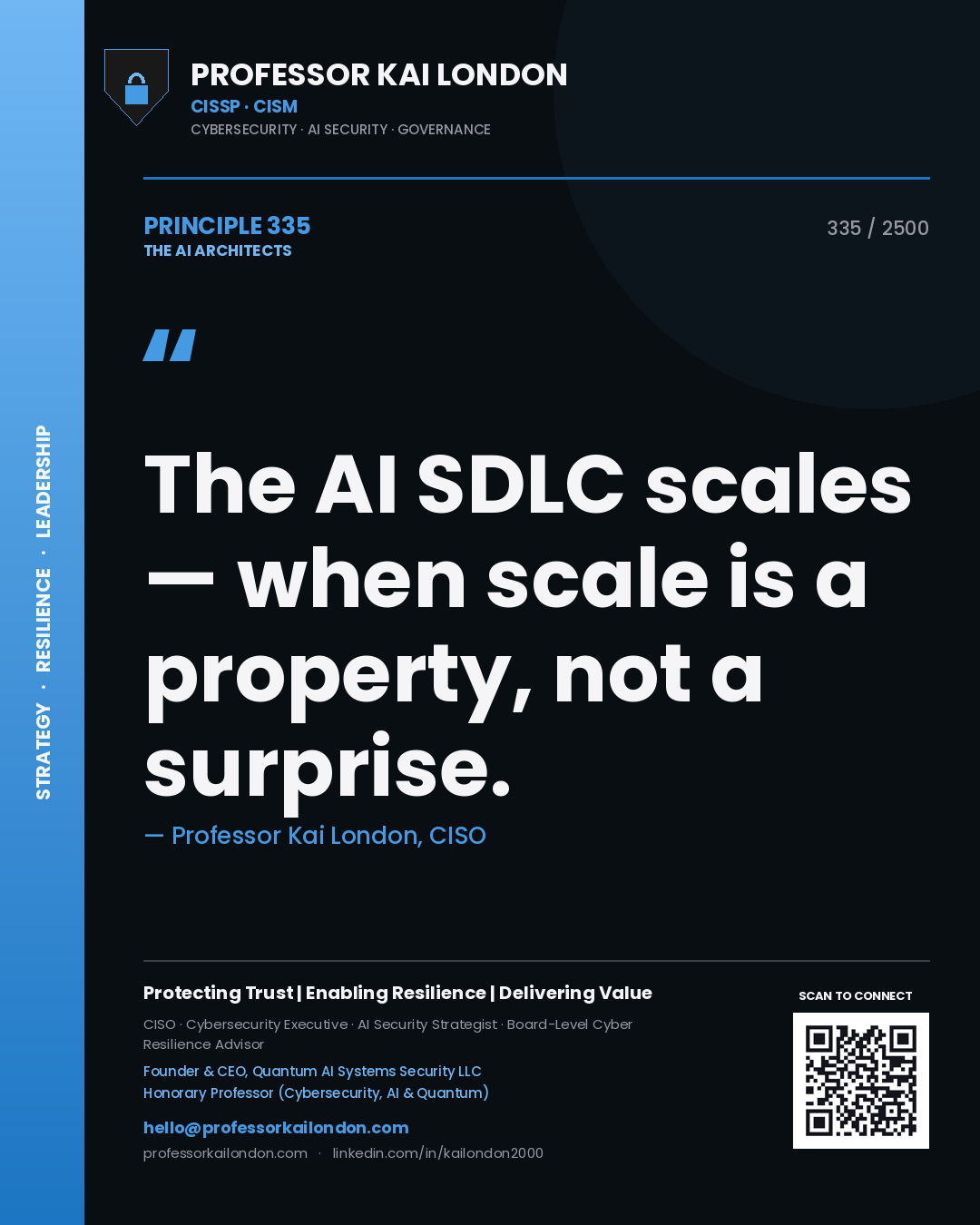 Quote card by Professor Kai London reading 'The AI SDLC scales — when scale is a property, not a surprise.'. From the book The AI Architects.
