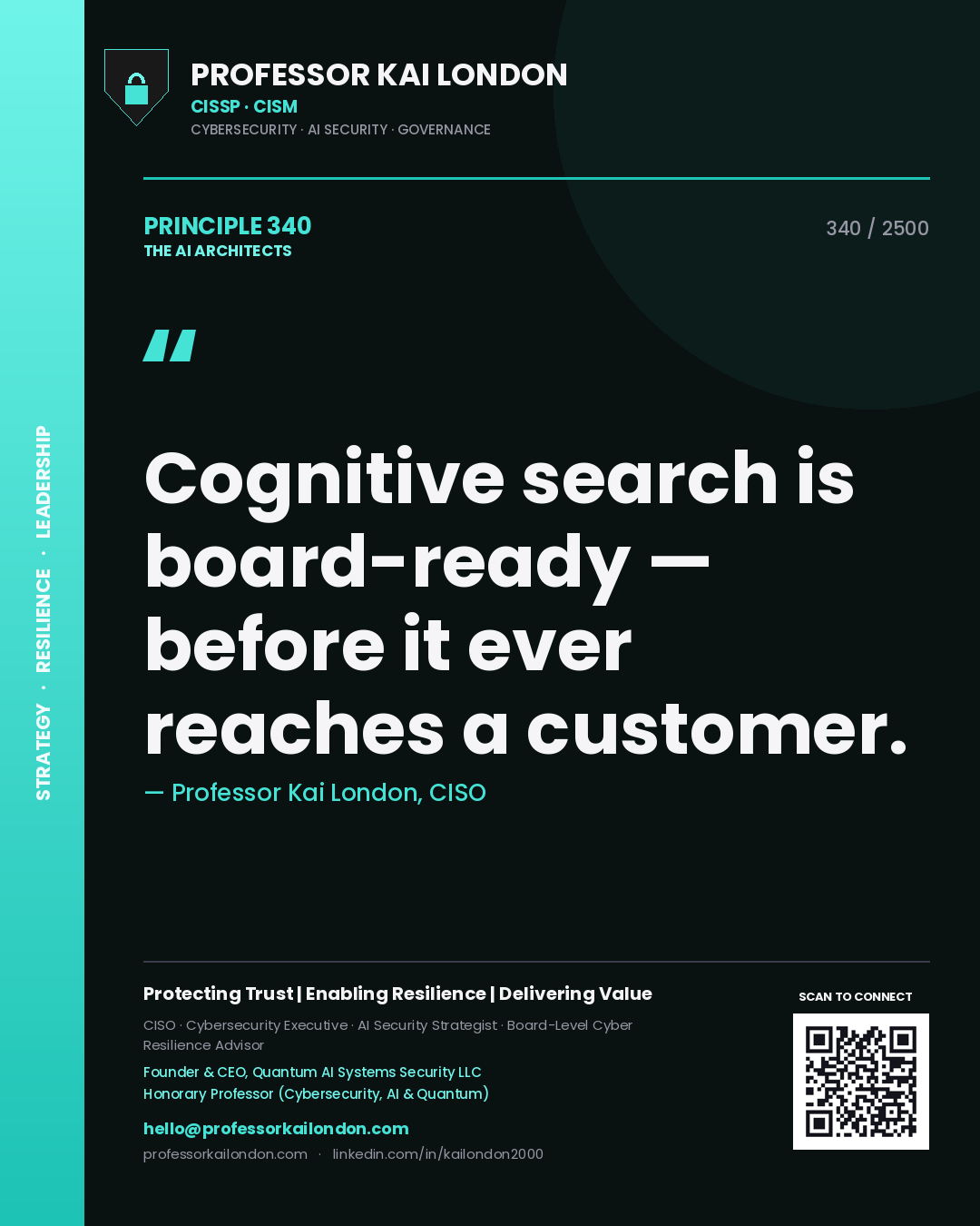 Quote card by Professor Kai London reading 'Cognitive search is board-ready — before it ever reaches a customer.'. From the book The AI Architects.