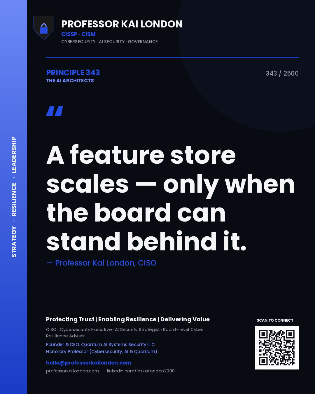 Quote card by Professor Kai London reading 'A feature store scales — only when the board can stand behind it.'. From the book The AI Architects.