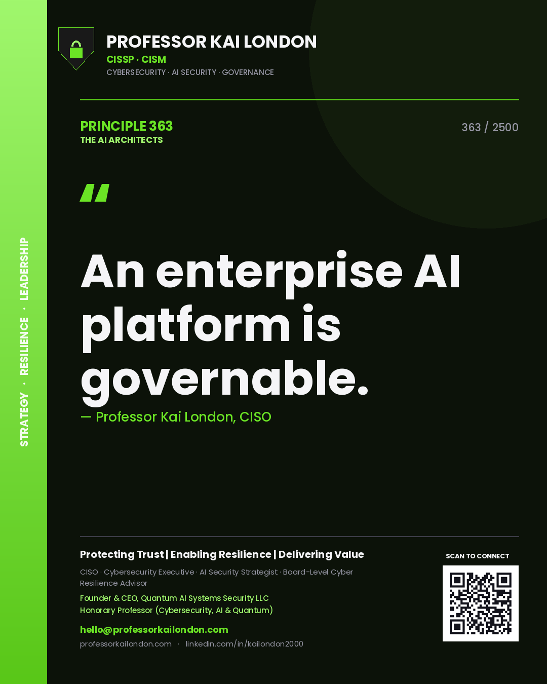 Quote card by Professor Kai London reading 'An enterprise AI platform is governable.'. From the book The AI Architects.